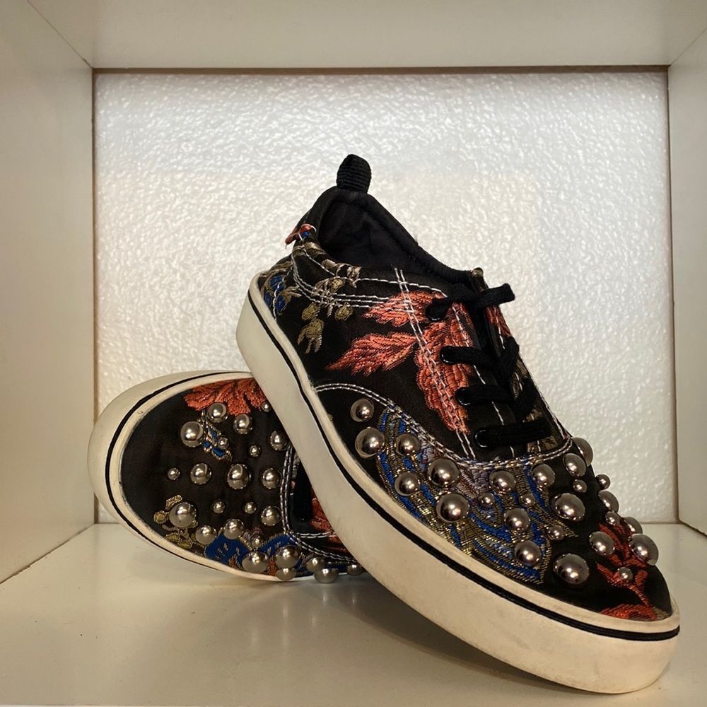 Zara Studded Metallic Floral Embroidered Lace Up Sneakers